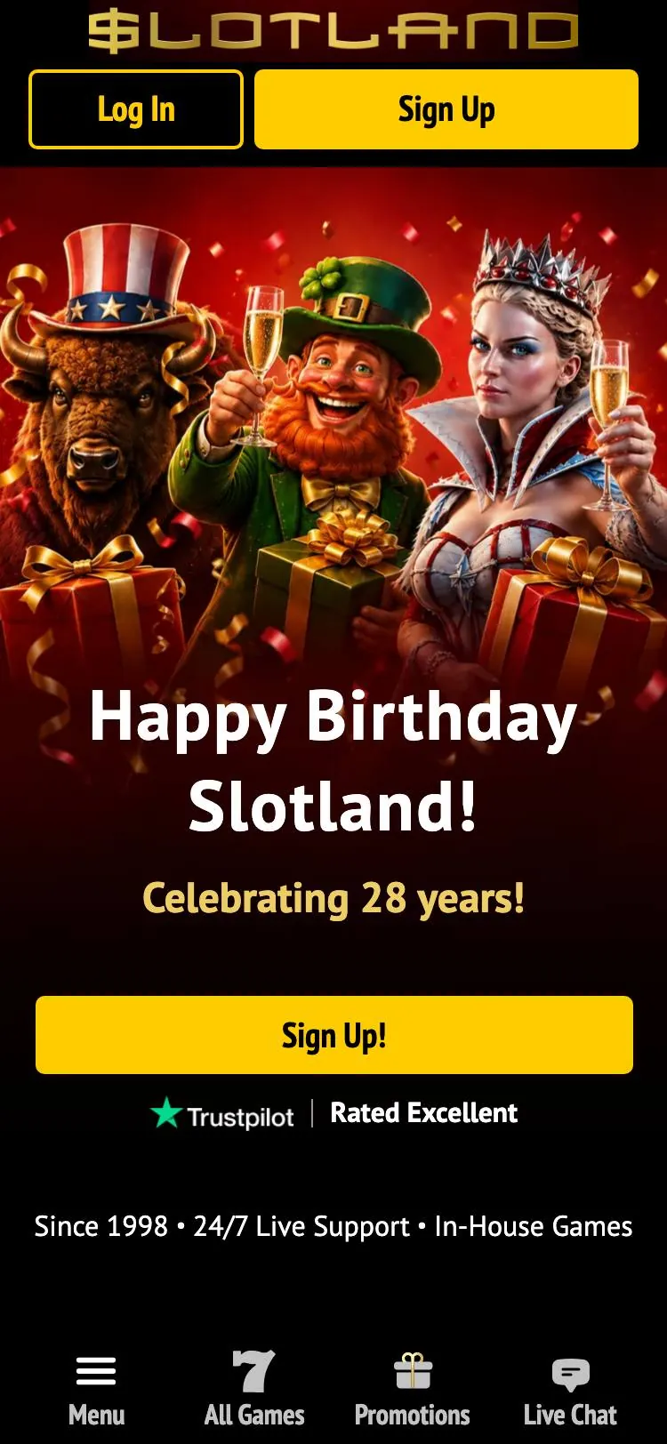 Slotland home page on mobile