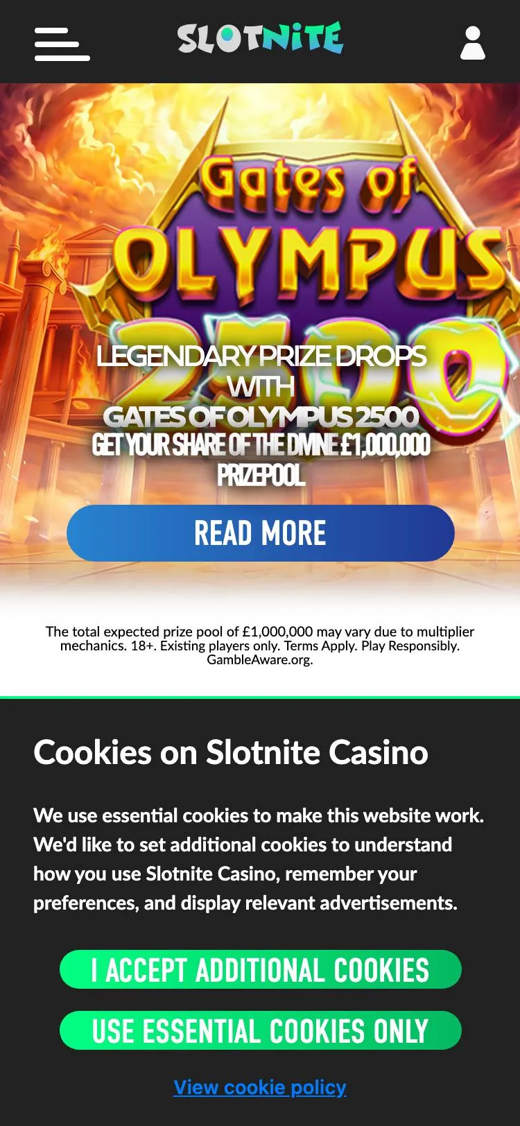 Slotnite home page on mobile