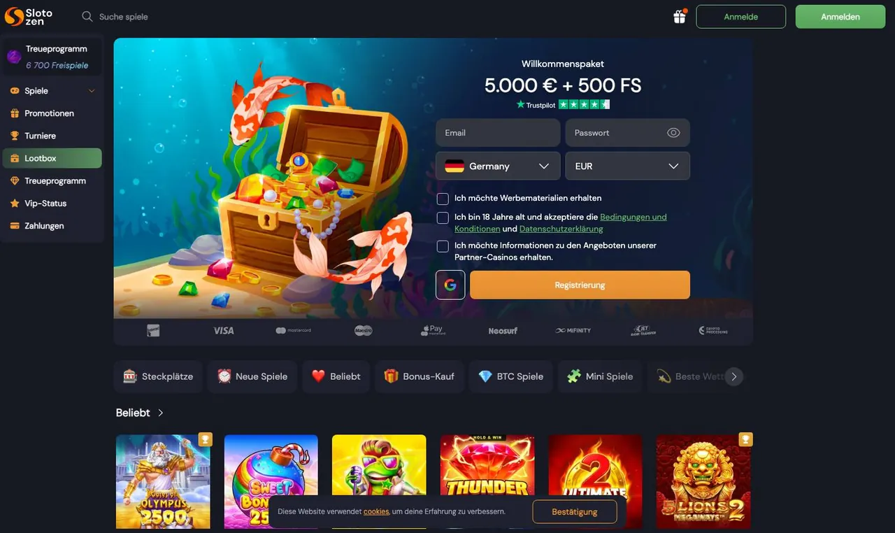 Slotozen home page on desktop