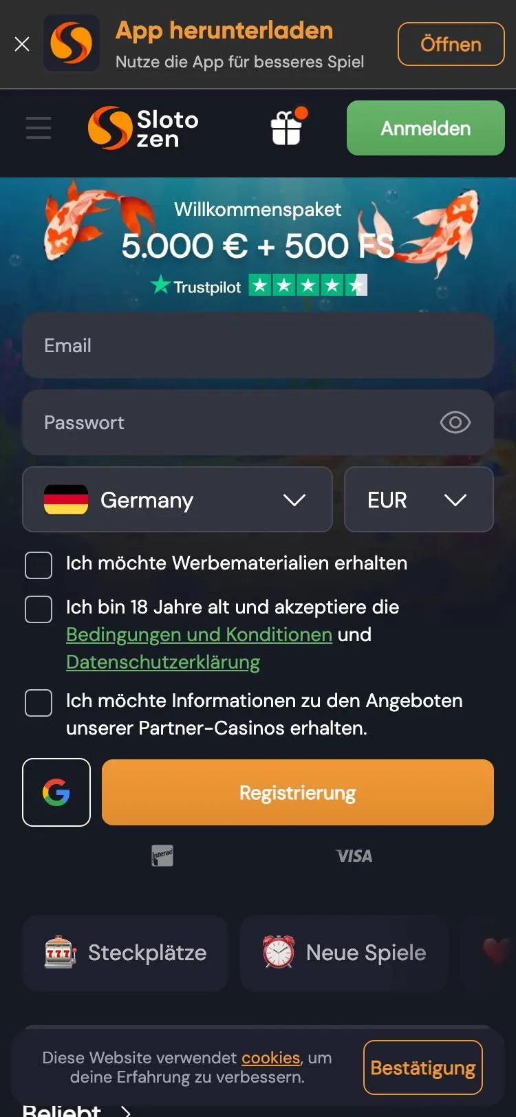 Slotozen home page on mobile