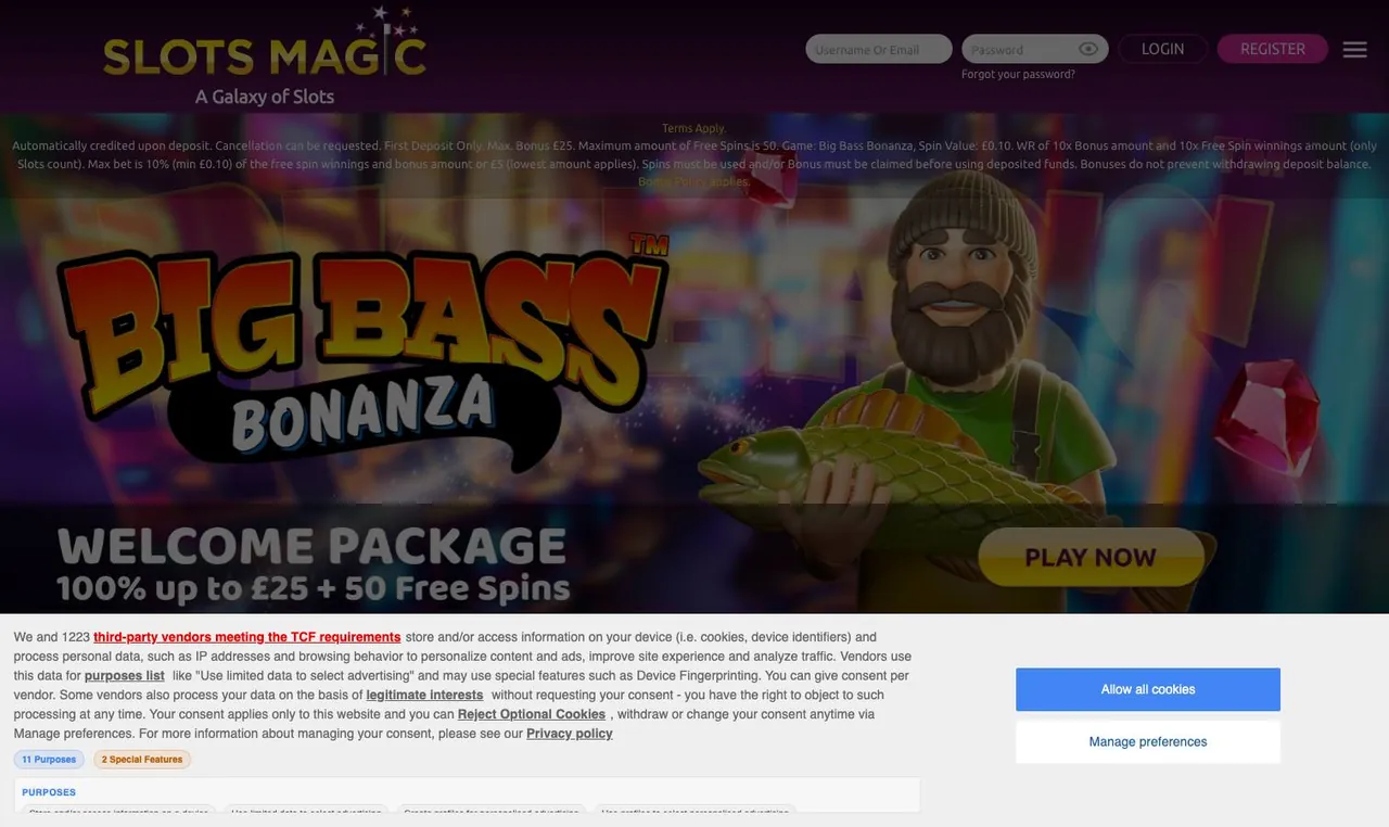 SlotsMagic home page on desktop