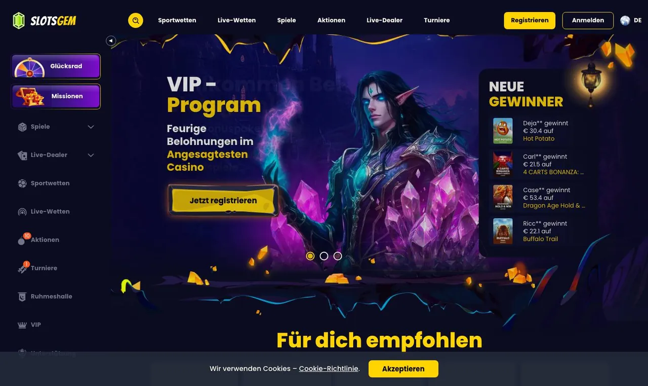 Slotsgem home page on desktop