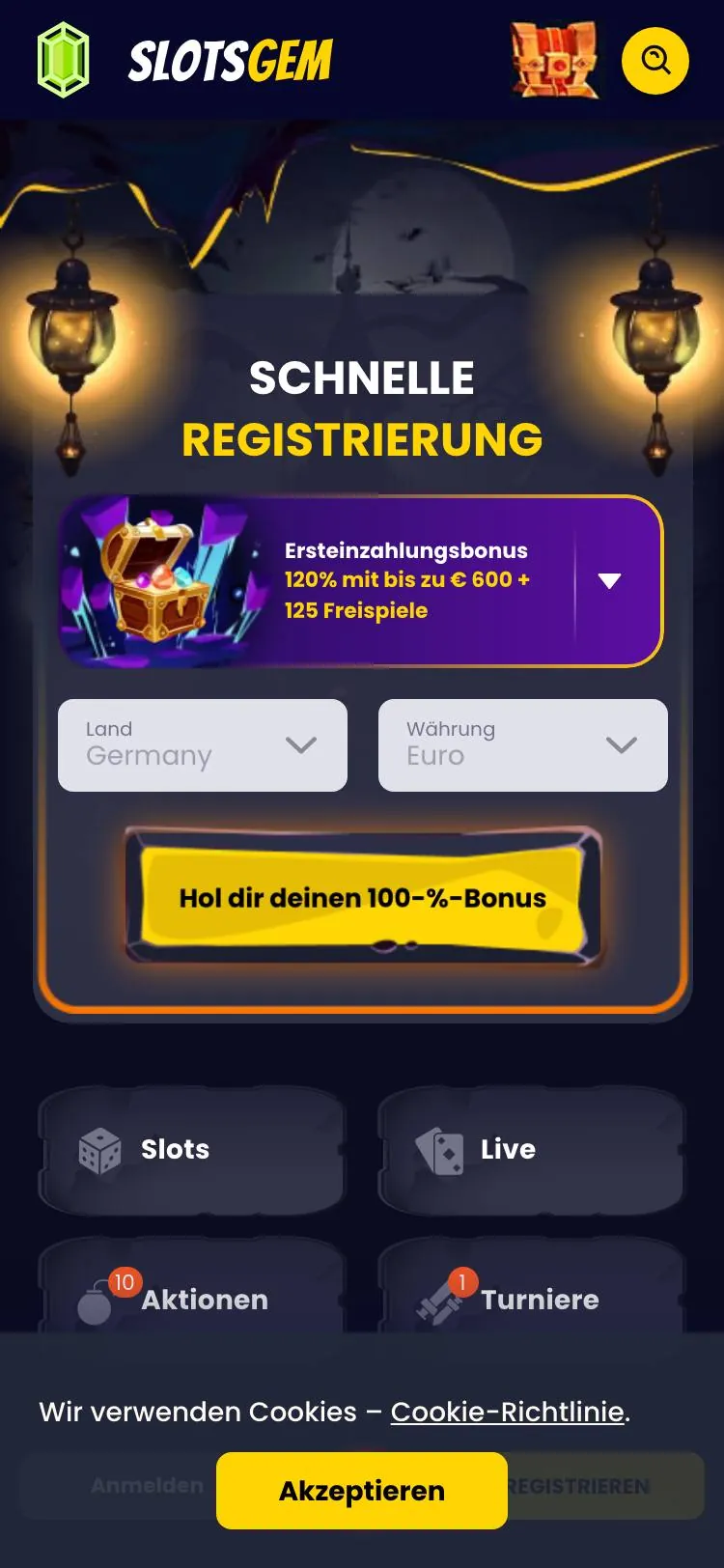 Slotsgem home page on mobile