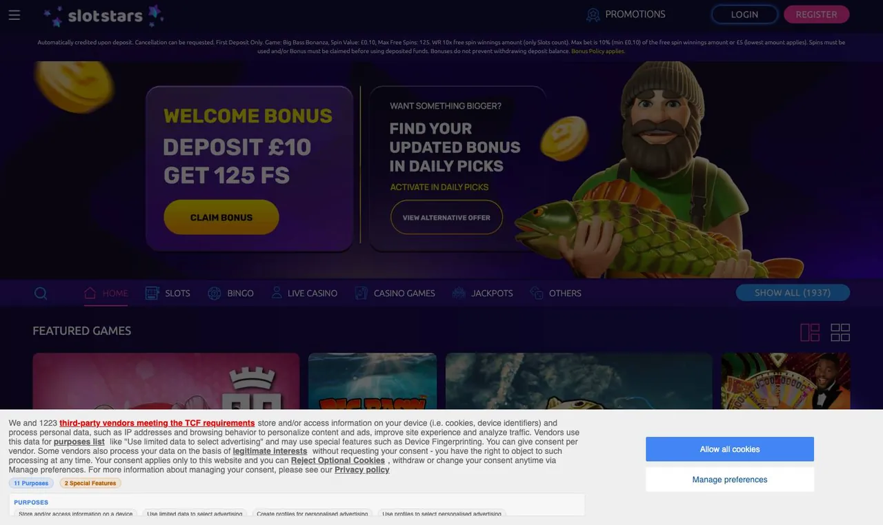 SlotStars home page on desktop