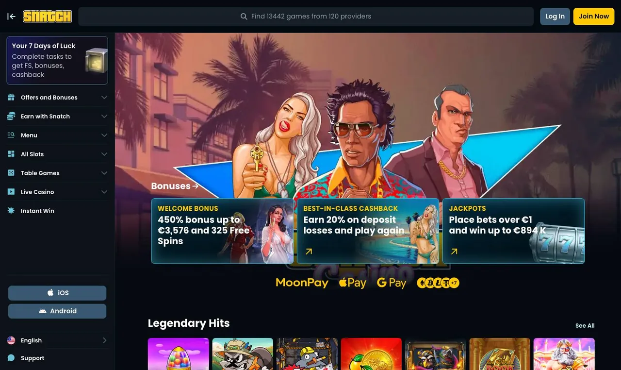 Snatch Casino home page on desktop