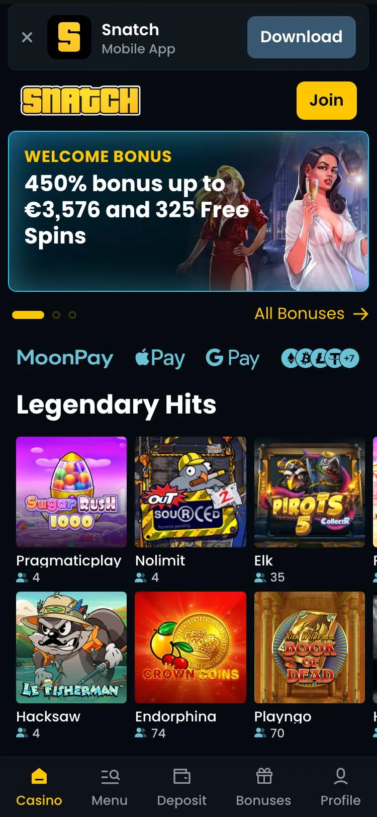 Snatch Casino home page on mobile