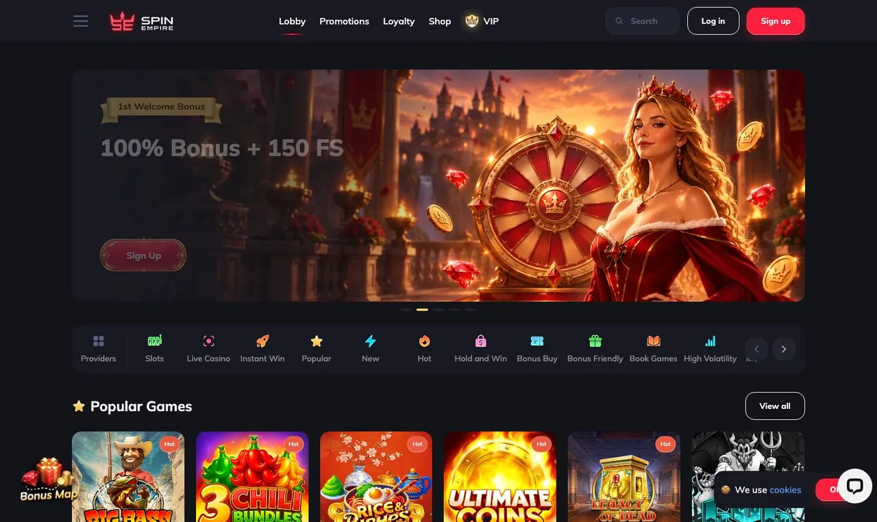 Spin Empire home page on desktop