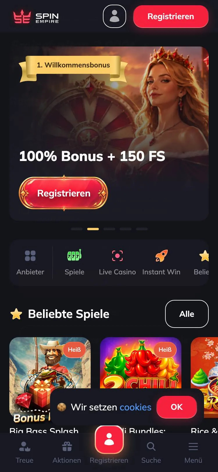 Spin Empire home page on mobile