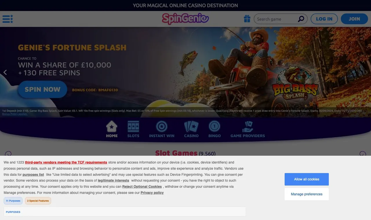 Spin Genie home page on desktop