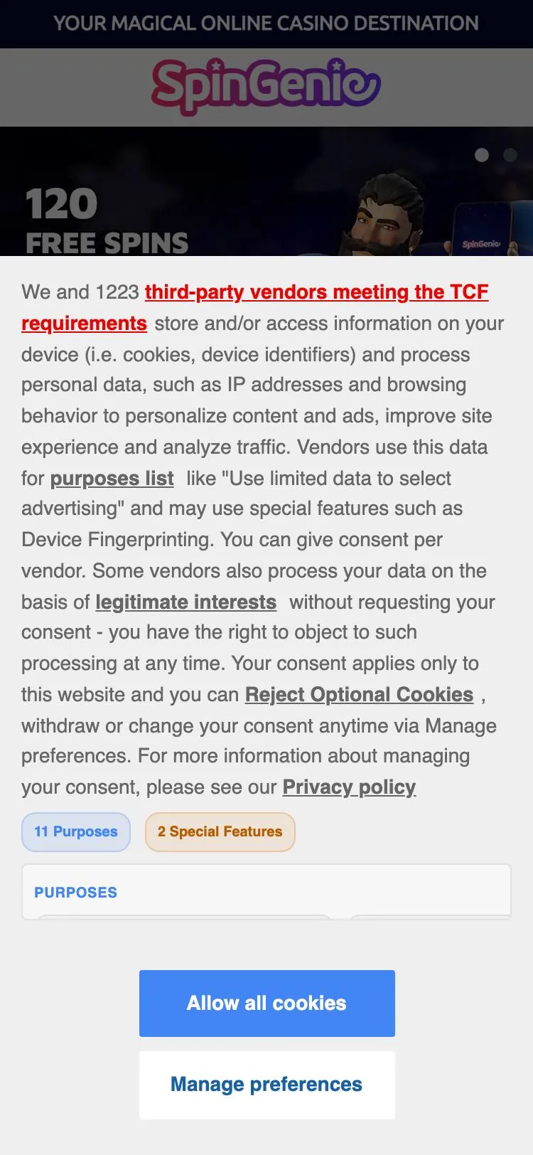 Spin Genie home page on mobile