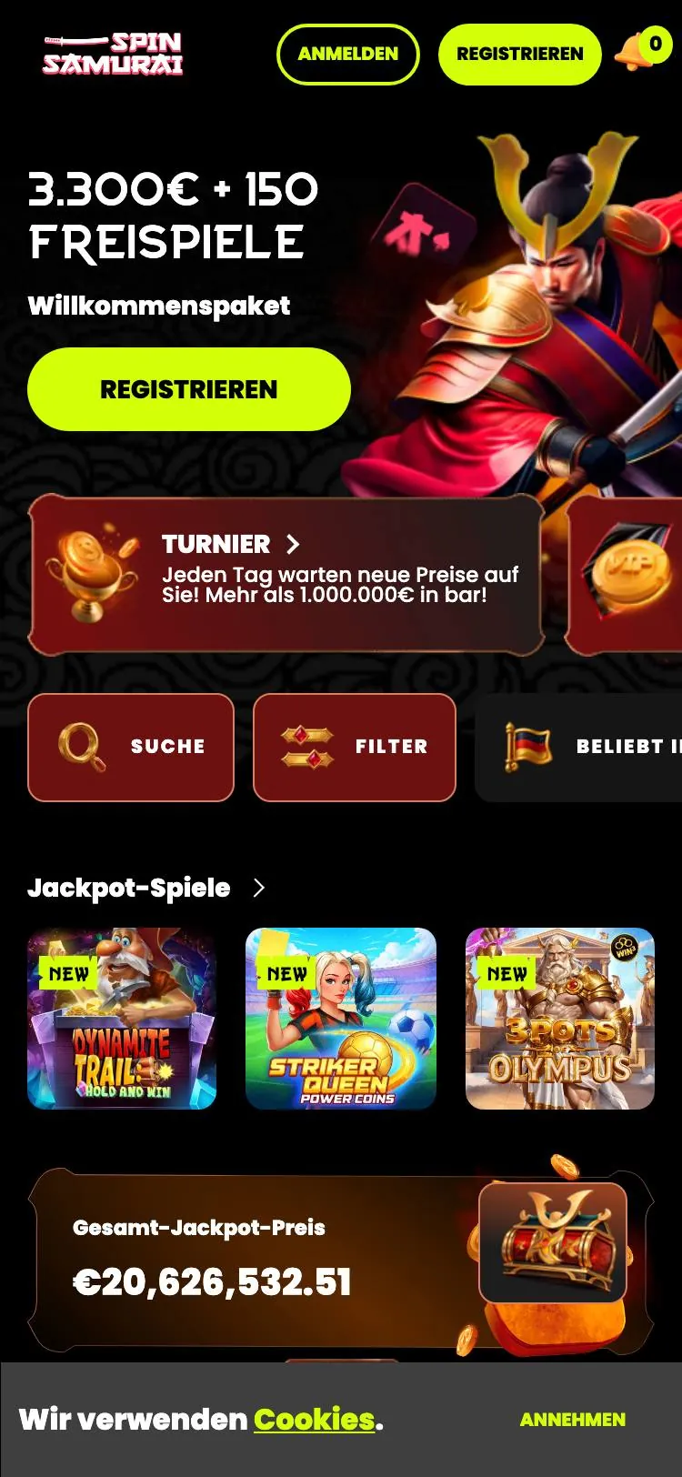 Spin Samurai home page on mobile