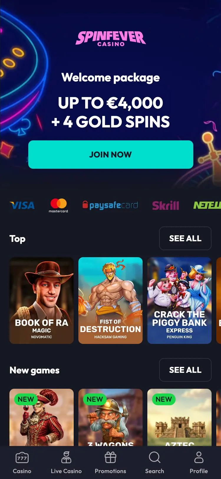 SpinFever home page on mobile