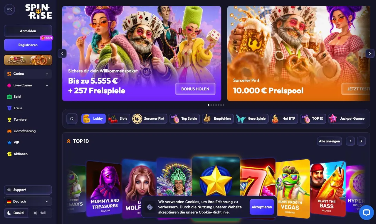 Spinrise Casino home page on desktop