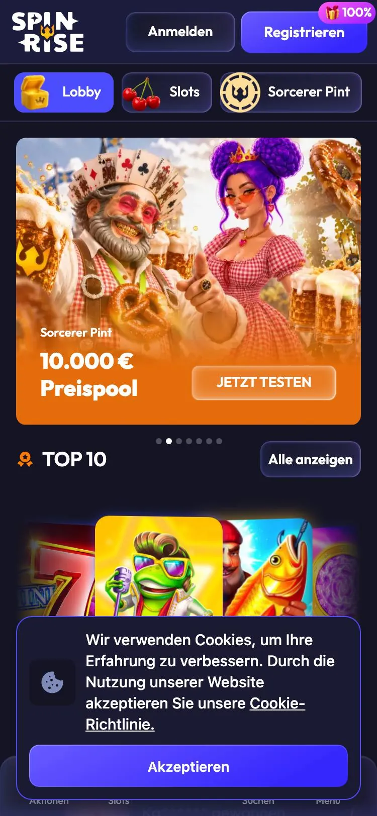 Spinrise Casino home page on mobile