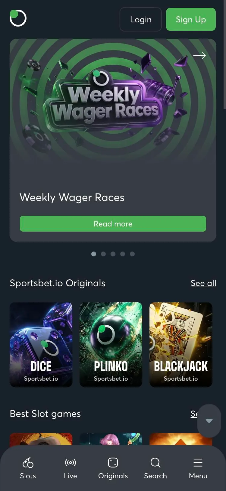 Sportsbet.io home page on mobile