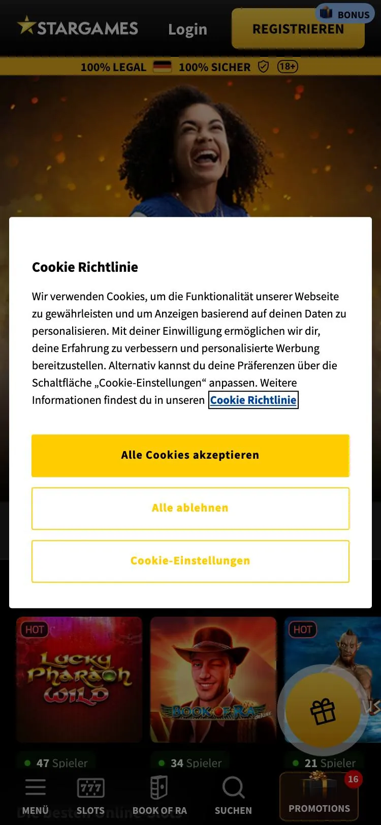 StarGames home page on mobile