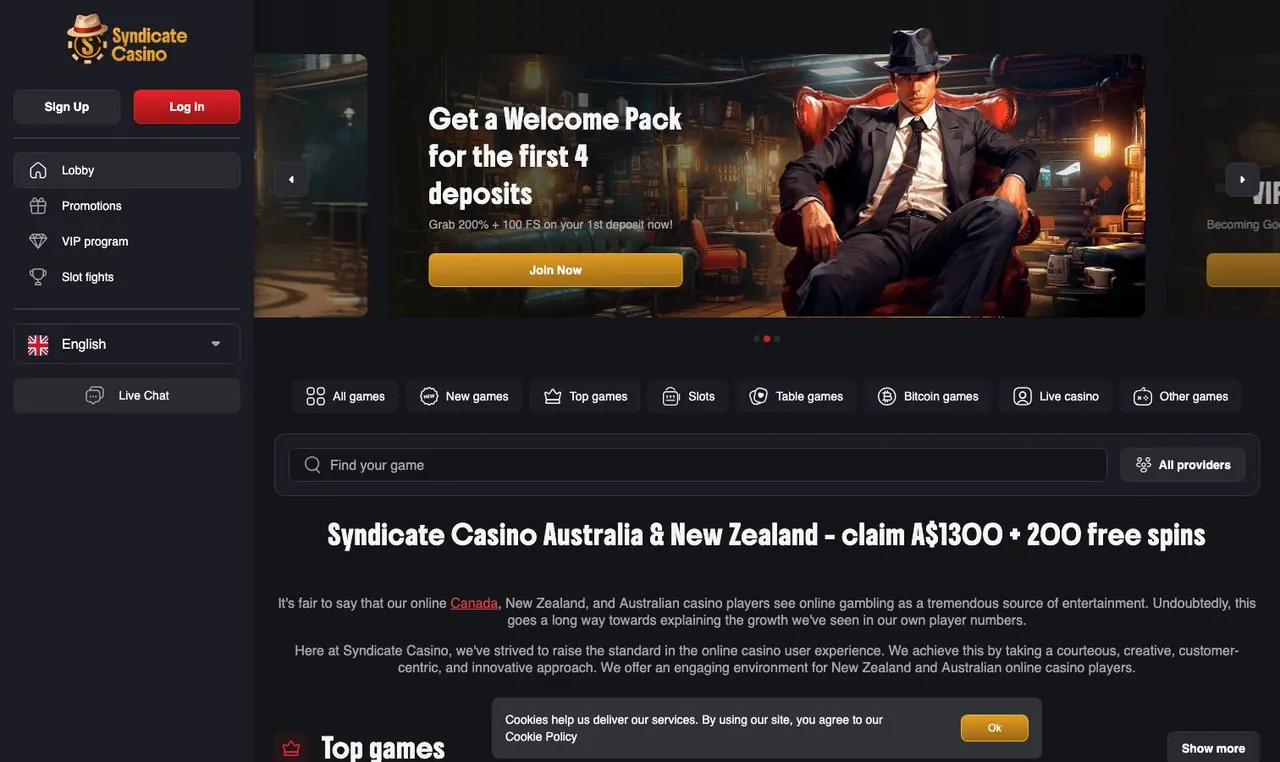 Syndicate Casino home page on desktop