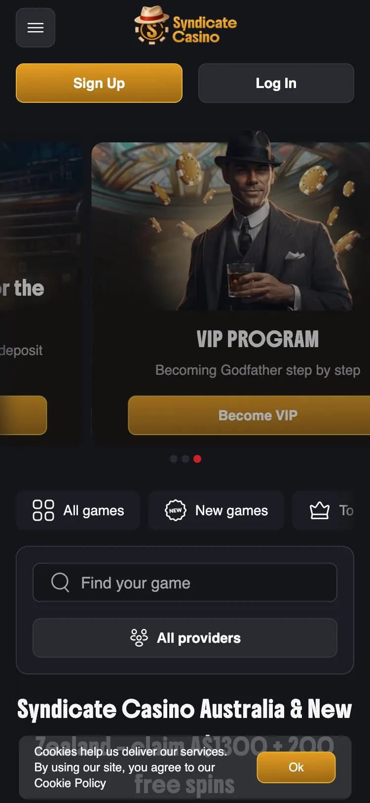 Syndicate Casino home page on mobile
