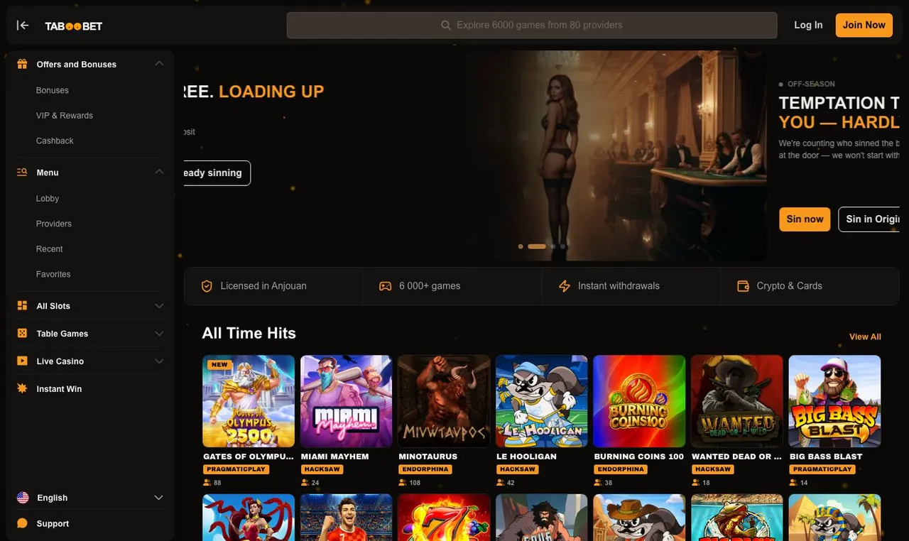 Taboobet home page on desktop