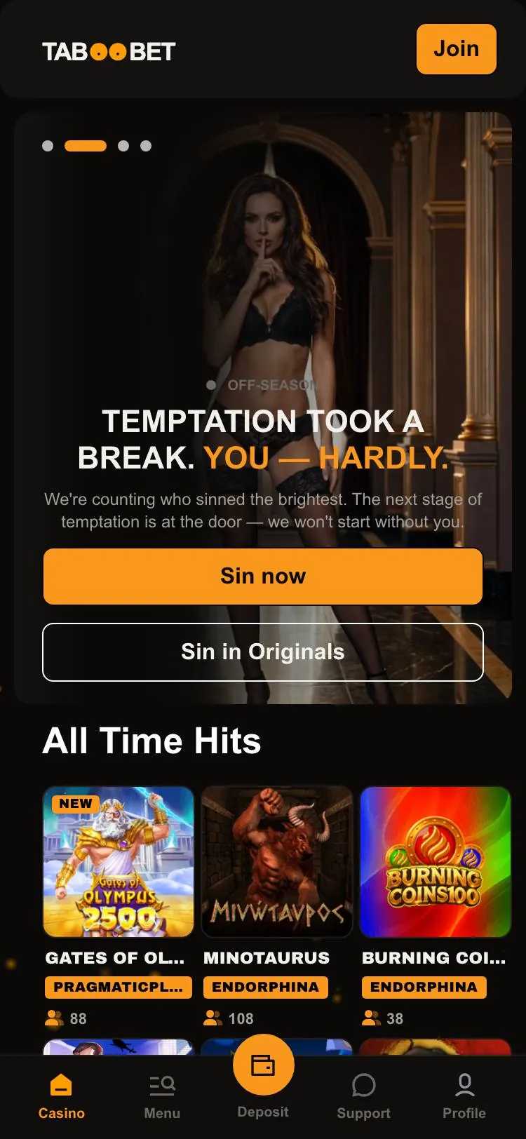 Taboobet home page on mobile