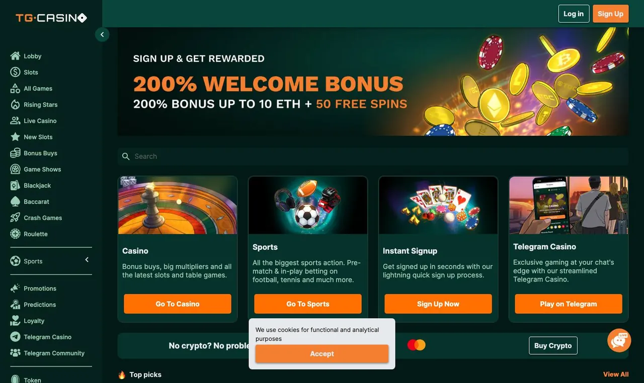TG Casino home page on desktop