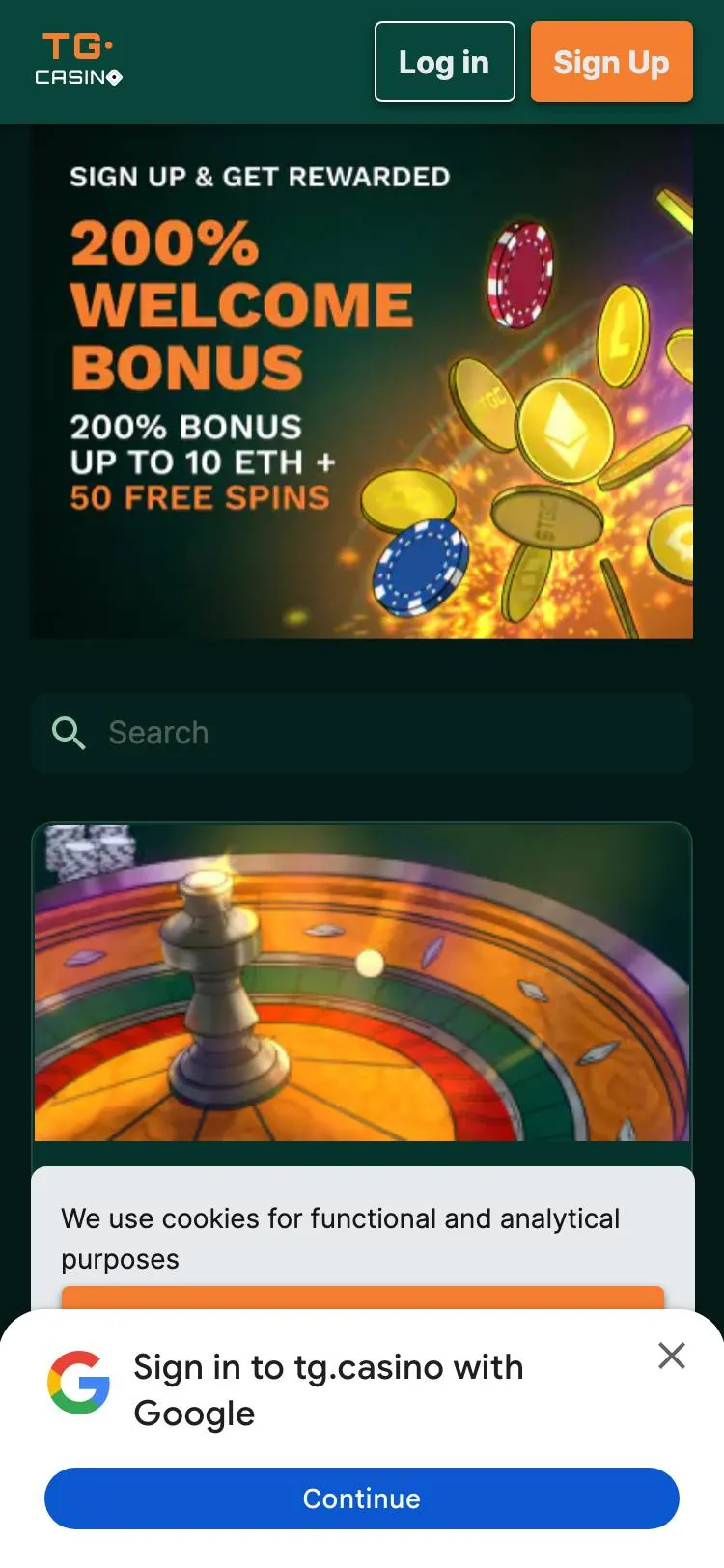 TG Casino home page on mobile