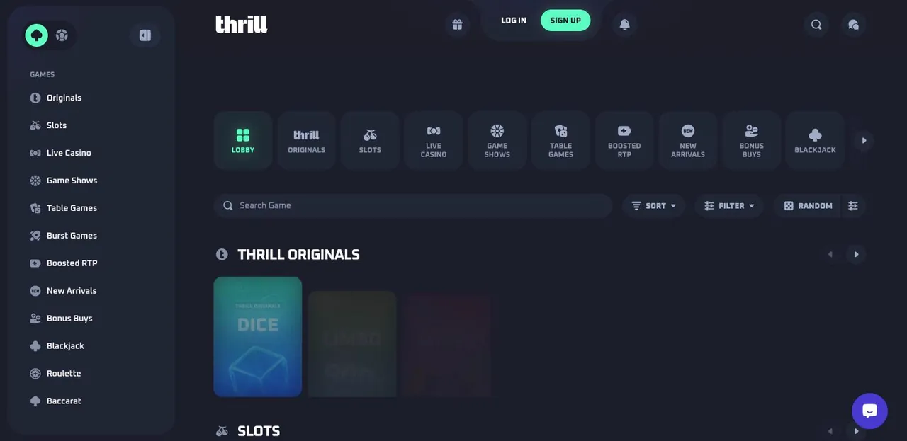 Thrill home page on desktop
