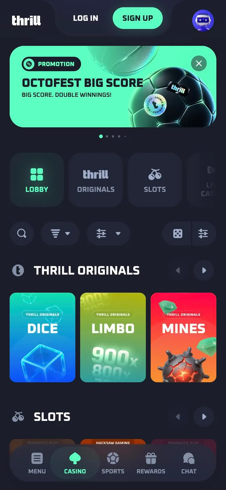 Thrill home page on mobile