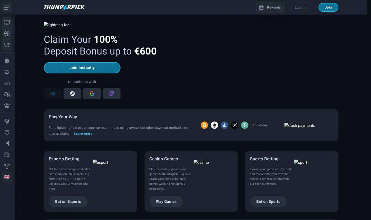 Thunderpick home page on desktop