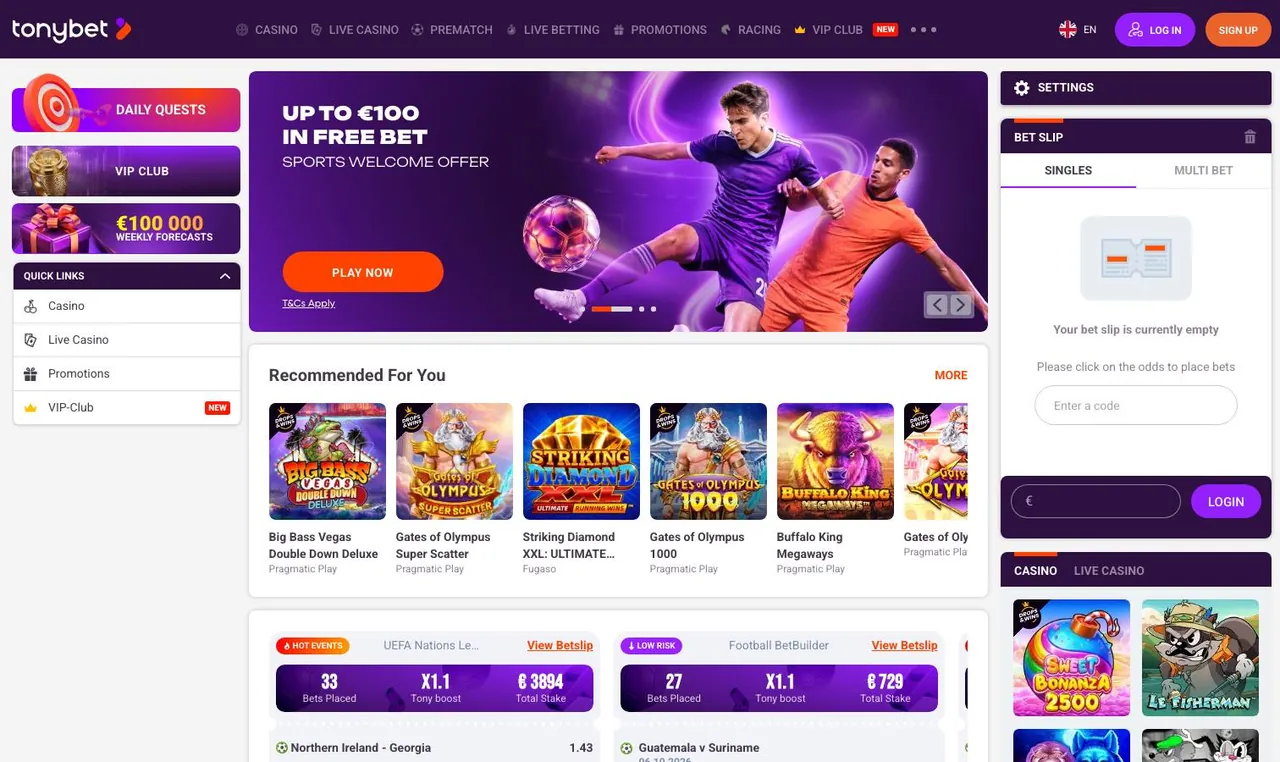 TonyBet home page on desktop