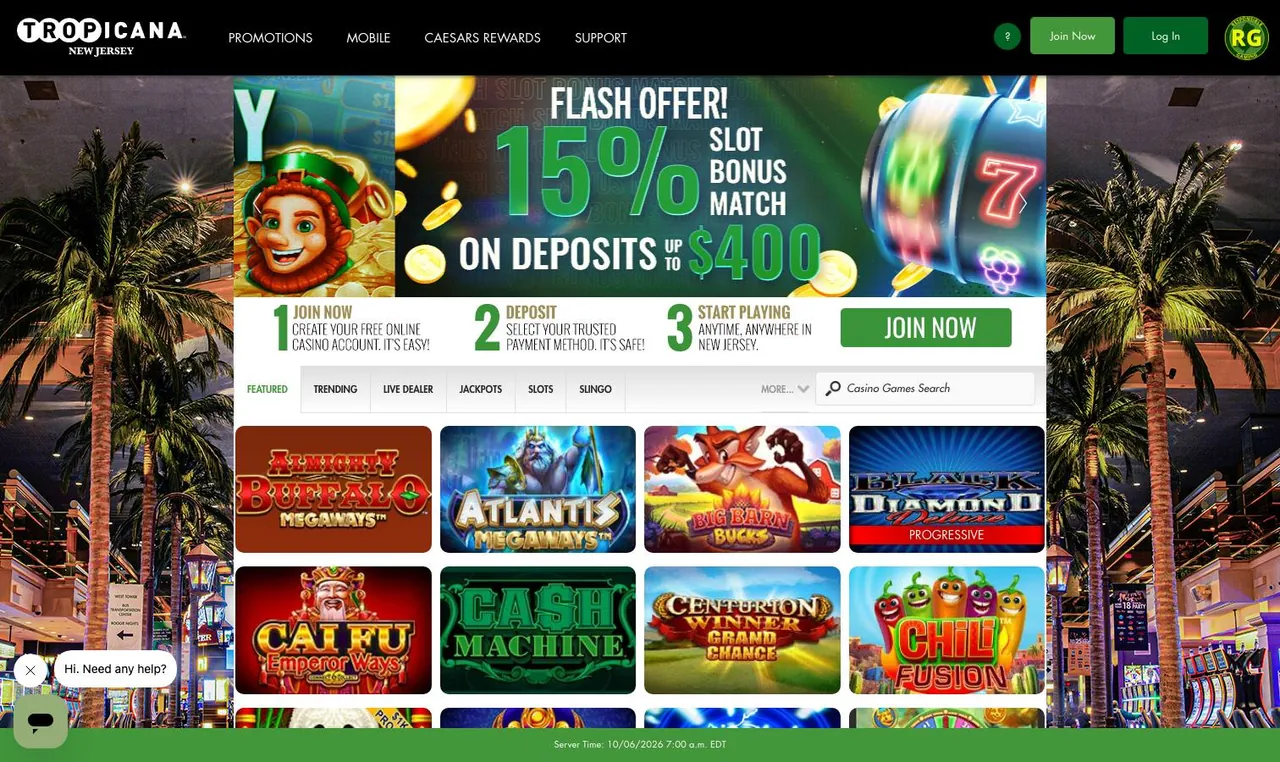 Tropicana Casino home page on desktop