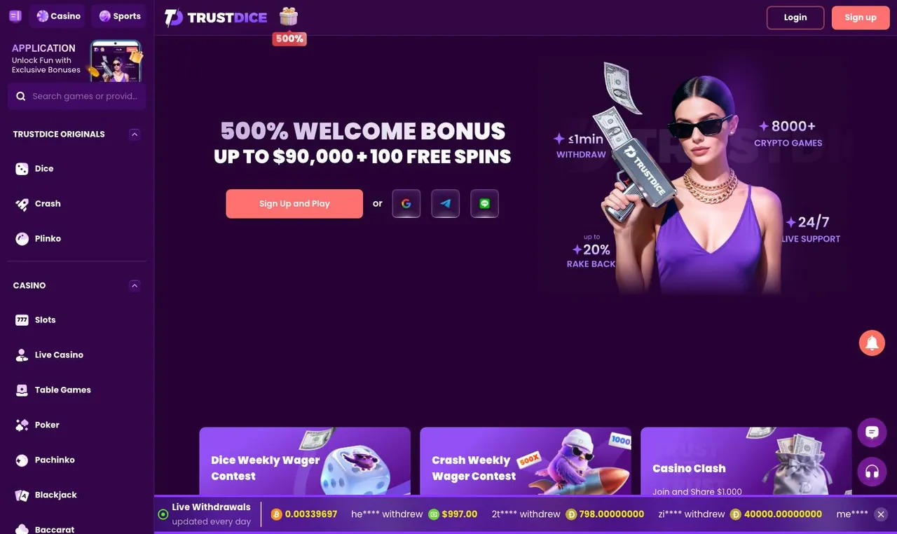 TrustDice home page on desktop
