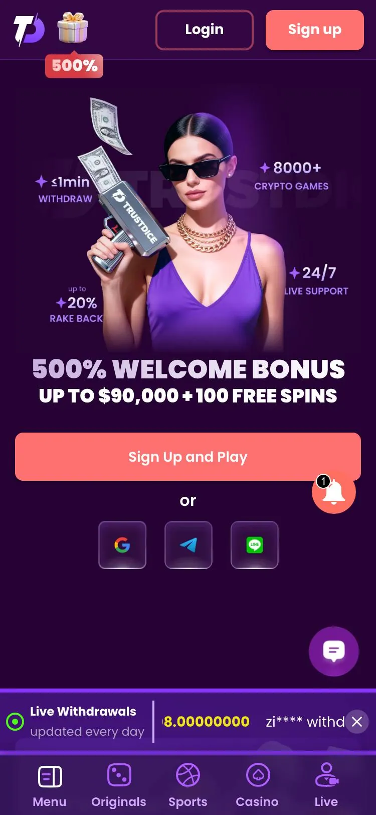 TrustDice home page on mobile