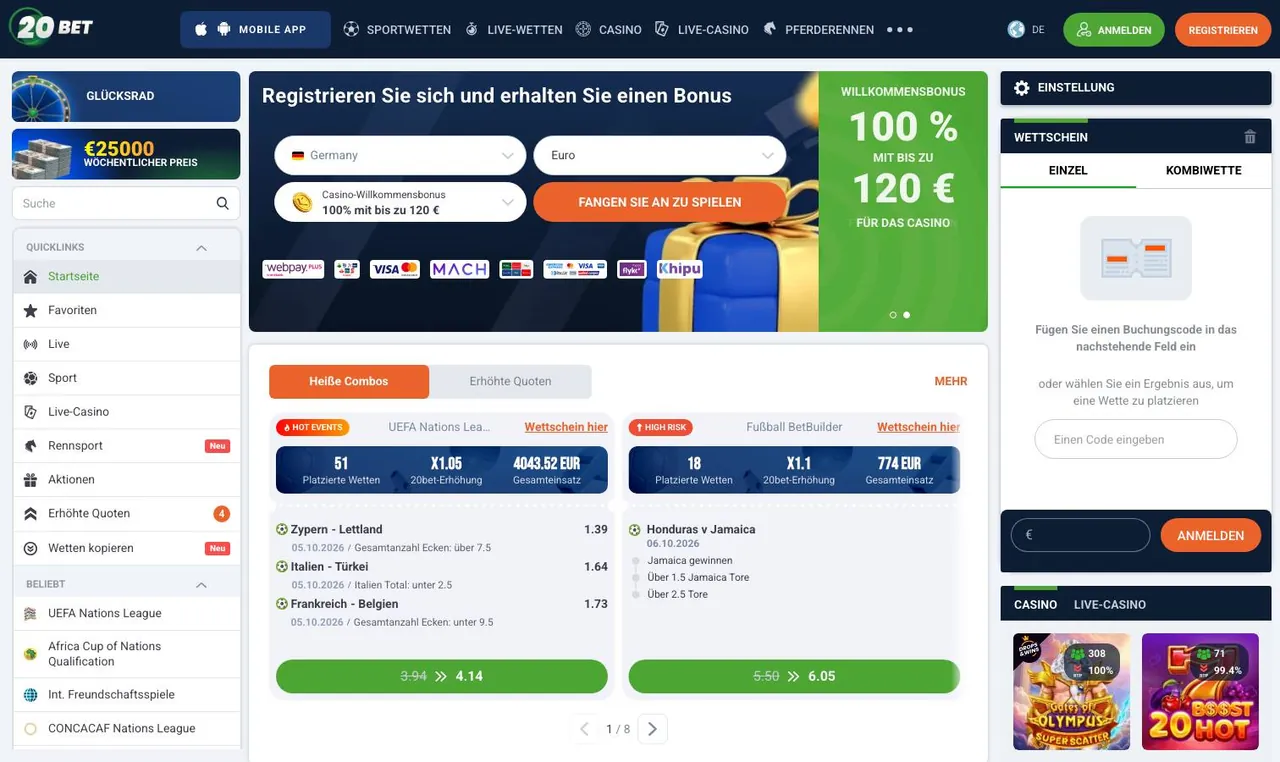 20Bet home page on desktop