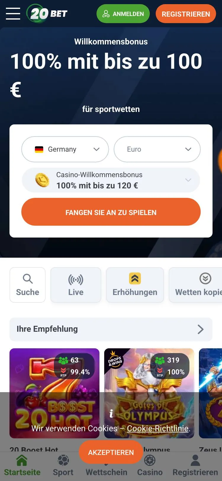 20Bet home page on mobile
