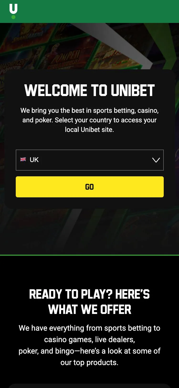 Unibet home page on mobile