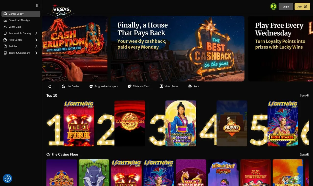 Vegas Club Casino home page on desktop