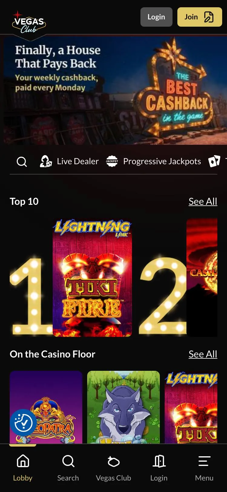 Vegas Club Casino home page on mobile