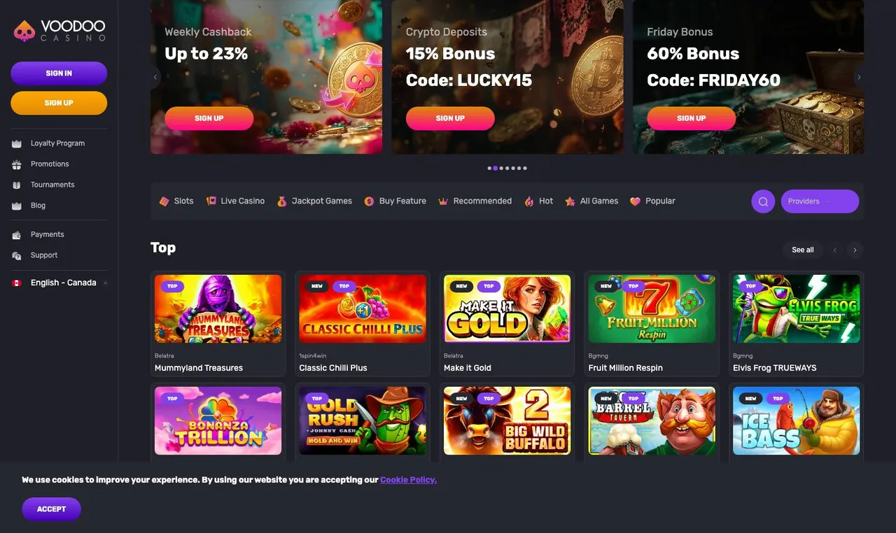 Voodoo Casino home page on desktop