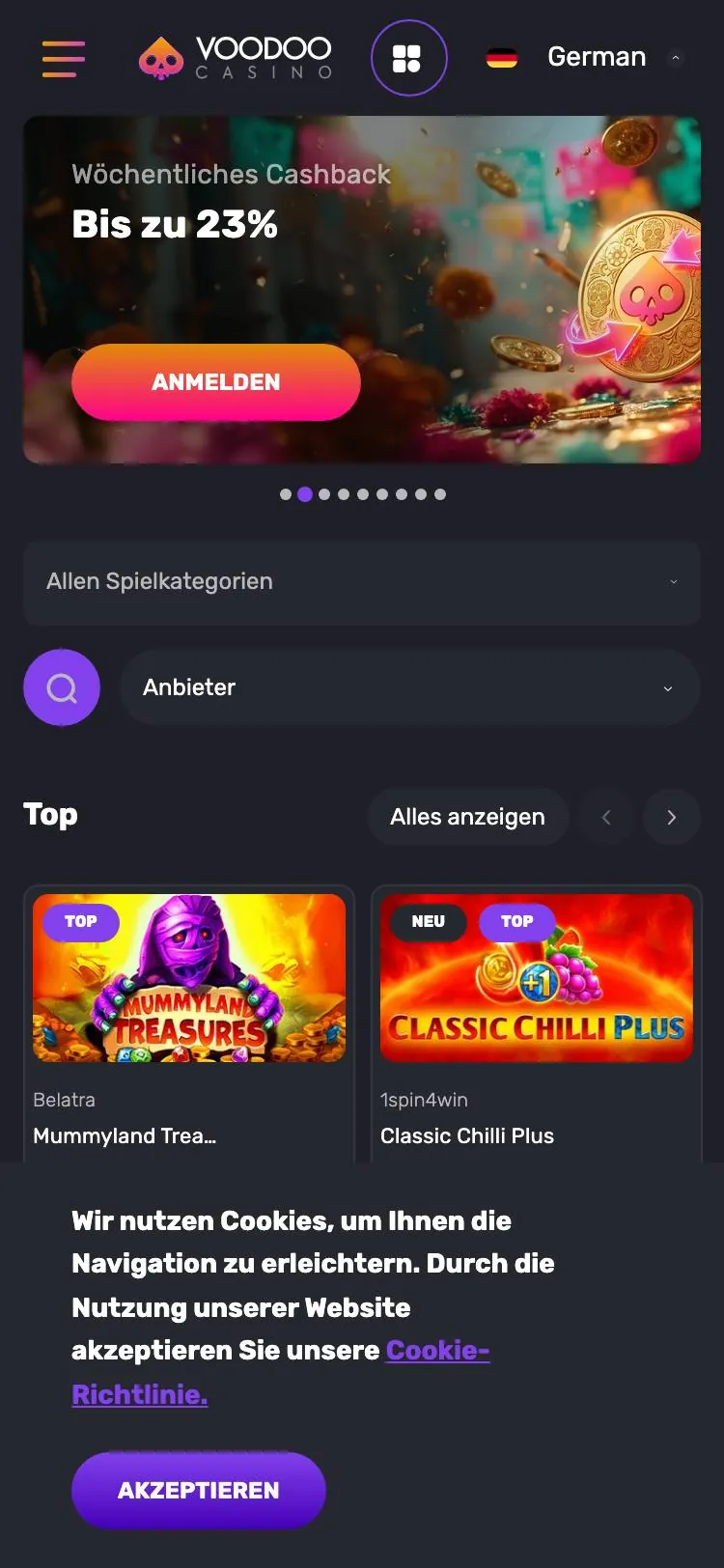 Voodoo Casino home page on mobile