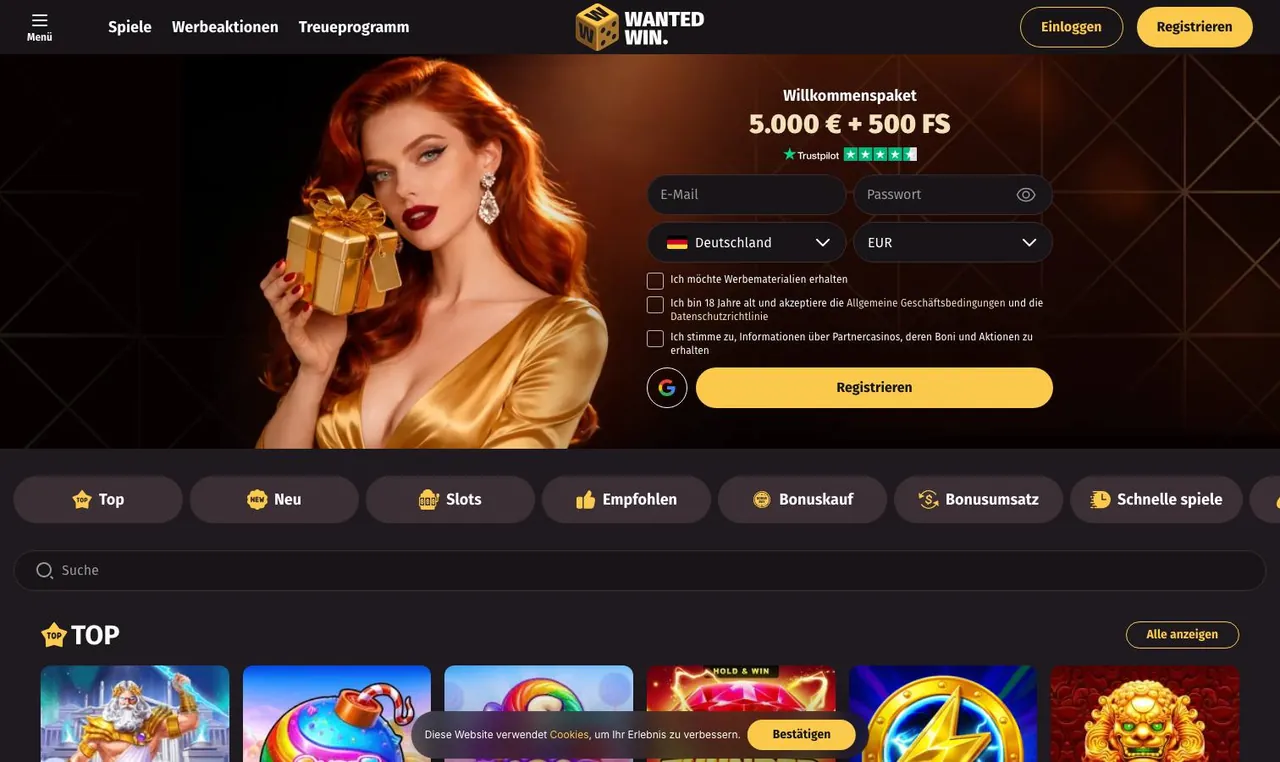Wanted Win home page on desktop