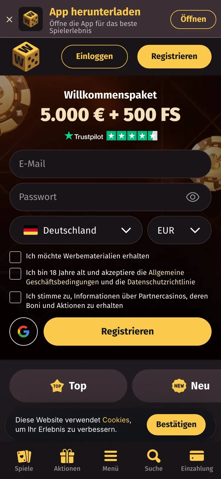 Wanted Win home page on mobile