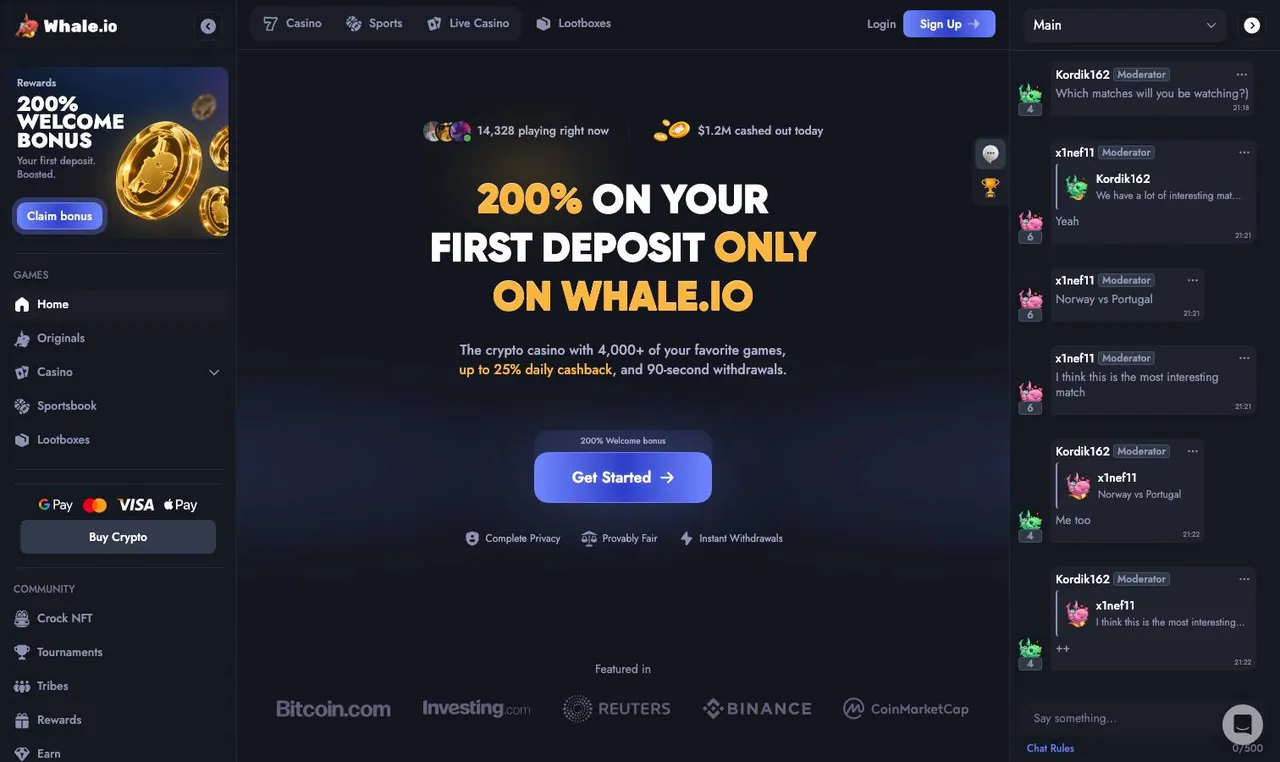 Whale.io home page on desktop