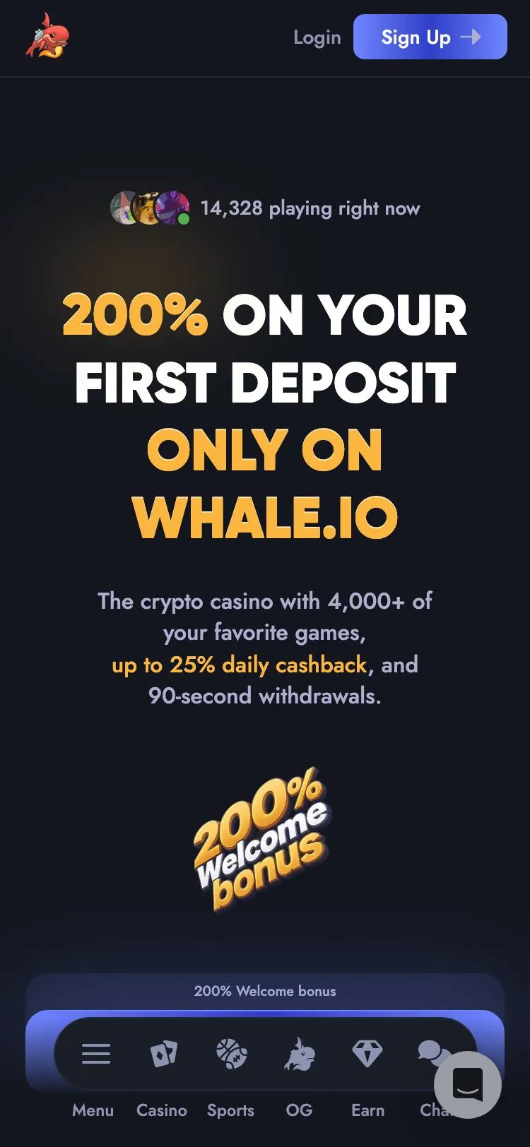 Whale.io home page on mobile
