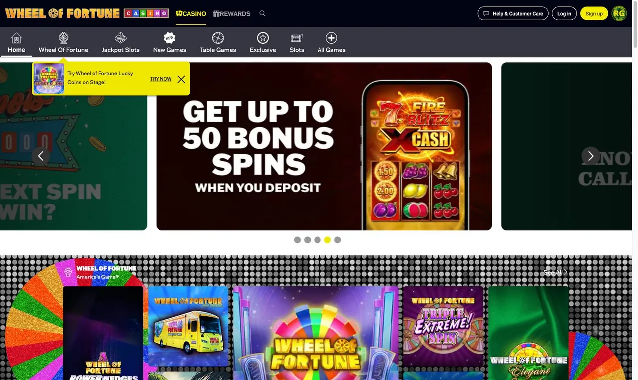 Wheel of Fortune Casino home page on desktop