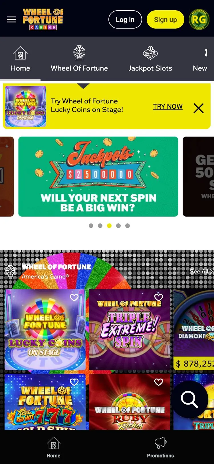 Wheel of Fortune Casino home page on mobile
