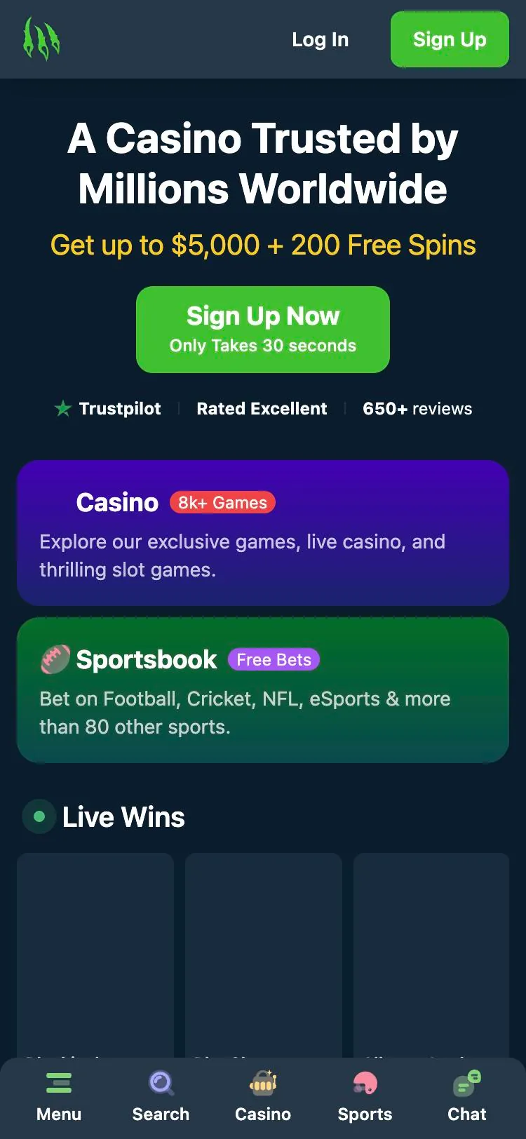 Wild.io home page on mobile