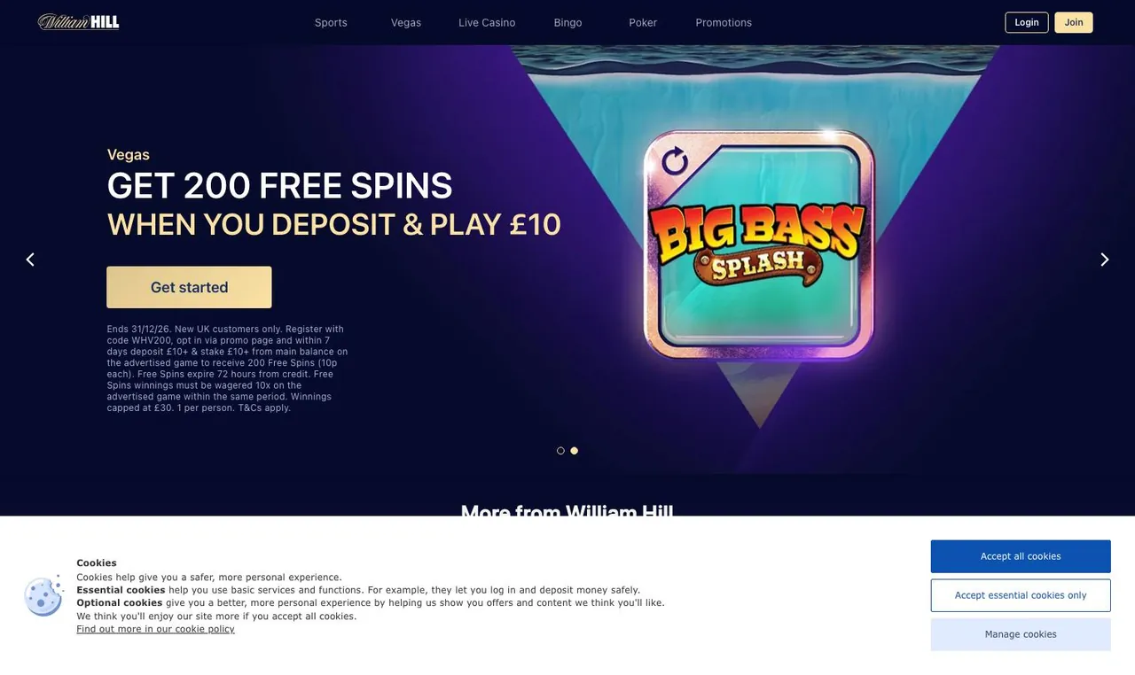 William Hill home page on desktop