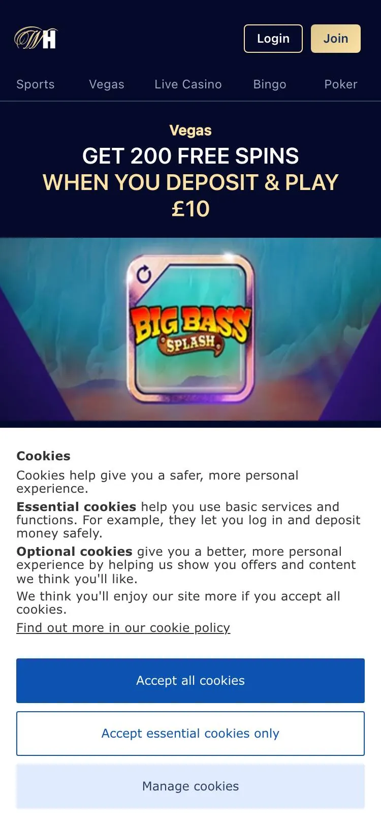 William Hill home page on mobile