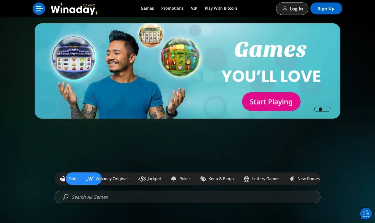 Winaday Casino home page on desktop